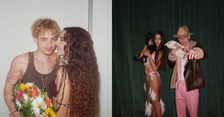 Montagem reúne dois registros de Juliano Floss e Marina Sena juntos; em uma das fotos, ela beija o rosto dele, e na outra os dois seguram gatos