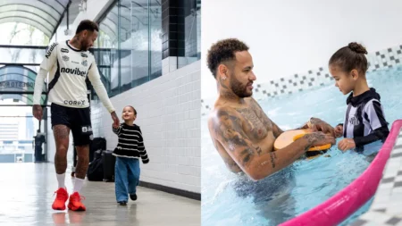 Neymar aparece com a filha Mavie durante visita da menina ao treino do Santos, em momentos de carinho entre pai e filha.