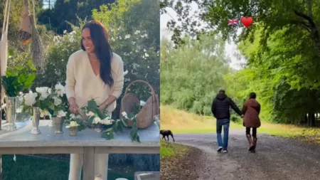 Meghan Markle sorrindo com flores e, ao lado, com o príncipe Harry caminhando de mãos dadas por uma área arborizada na Inglaterra.
