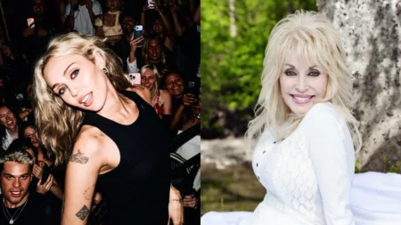 Miley Cyrus aparece à esquerda em meio ao público, enquanto Dolly Parton posa sorrindo à direita, em foto lado a lado.