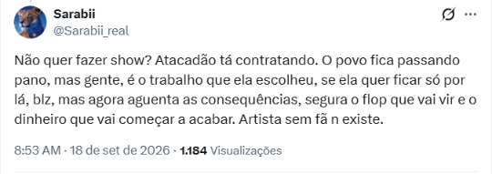 Comentário publicado no X critica Miley Cyrus após cantora indicar que não pretende voltar a fazer turnês