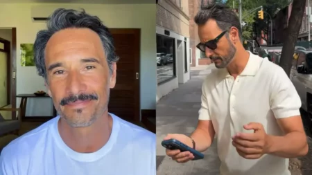 odrigo Santoro aparece em duas fotos, uma em close e outra caminhando pelas ruas dos Estados Unidos com o celular na mão.