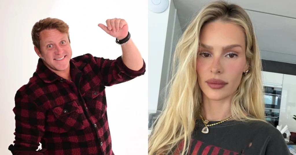 Montagem reúne Sérgio Hondjakoff, de camisa xadrez, e Yasmin Brunet, de cabelos loiros, em registros publicados nas redes sociais