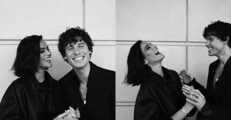 Montagem em preto e branco mostra Shawn Mendes e Bruna Marquezine sorrindo e interagindo em dois registros lado a lado
