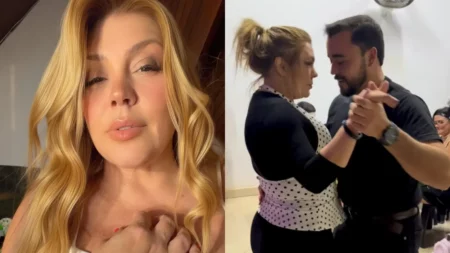 Simony aparece em uma selfie ao lado de uma foto em que dança com o namorado, Matheus Naro, durante uma festa à fantasia.