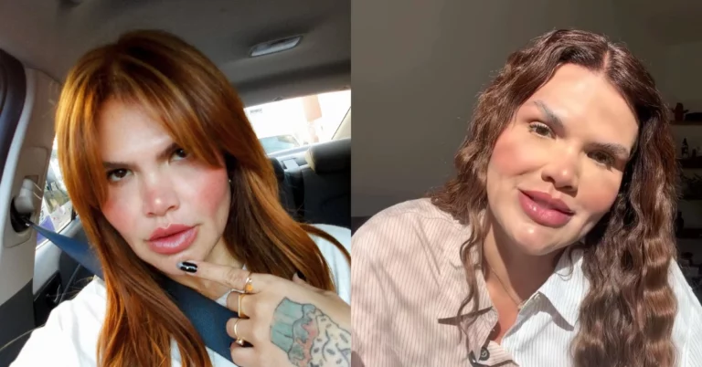 Thais Carla rebate ideia sobre felicidade após perder 113 kg: ‘Nunca esteve ligada’ Montagem mostra Thais Carla em dois registros publicados nas redes sociais, com diferentes cores e estilos de cabelo