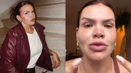 Montagem com fotos de Thais Carla, que aparece posando à esquerda e falando para a câmera à direita.