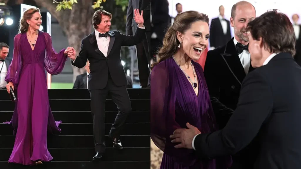 Tom Cruise surpreende e quebra protocolo real em encontro com Kate Middleton; entenda Montagem com Tom Cruise e Kate Middleton durante evento em Londres, com o ator cumprimentando a princesa de Gales e segurando sua mão.