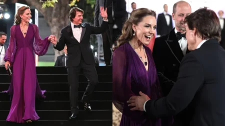 Montagem com Tom Cruise e Kate Middleton durante evento em Londres, com o ator cumprimentando a princesa de Gales e segurando sua mão.