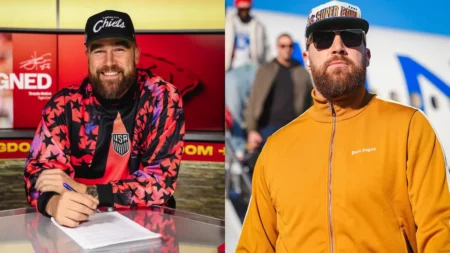 Travis Kelce aparece em duas fotos, usando boné do Kansas City Chiefs e roupas esportivas em diferentes ocasiões.