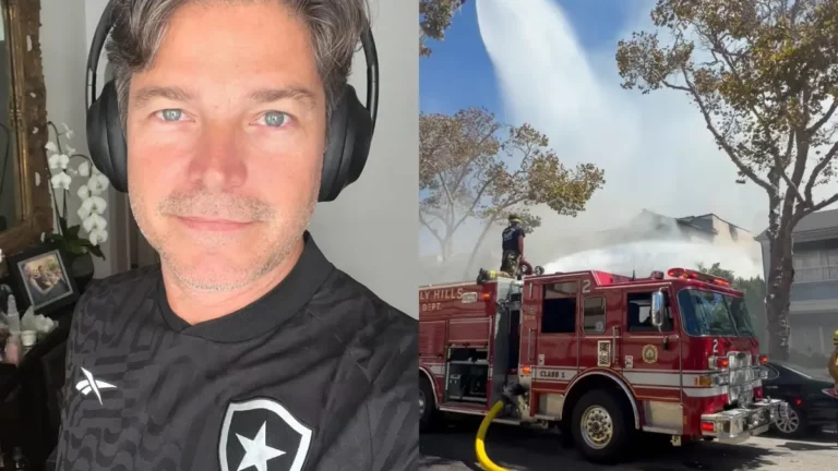 Erik Marmo aparece em uma selfie ao lado de imagem de bombeiros combatendo incêndio em uma casa em Los Angeles.