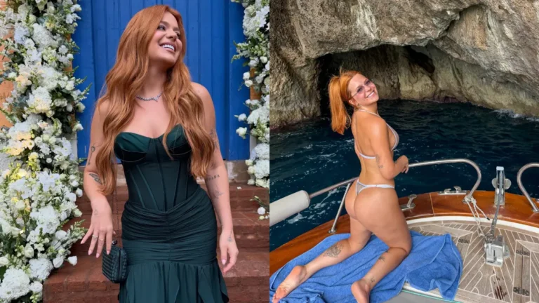 Viih Tube revela o que fez para mudar o corpo após perder 32 kg; confira Montagem com duas fotos de Viih Tube: à esquerda, ela aparece usando vestido preto; à direita, posa de biquíni branco em um barco durante viagem.