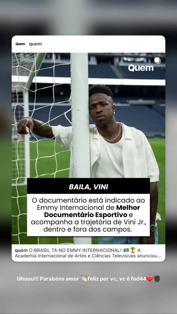 Virginia comemora indicação de Vini Jr. ao Emmy Internacional: 'Feliz por você' 1 Print de Virginia Fonseca parabenizando Vini Jr. pela indicação de Baila, Vini ao Emmy Internacional 2026.