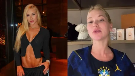 Montagem mostra Virginia Fonseca em dois momentos: à esquerda, com look preto; à direita, usando camisa da Seleção Brasileira diante da câmera.