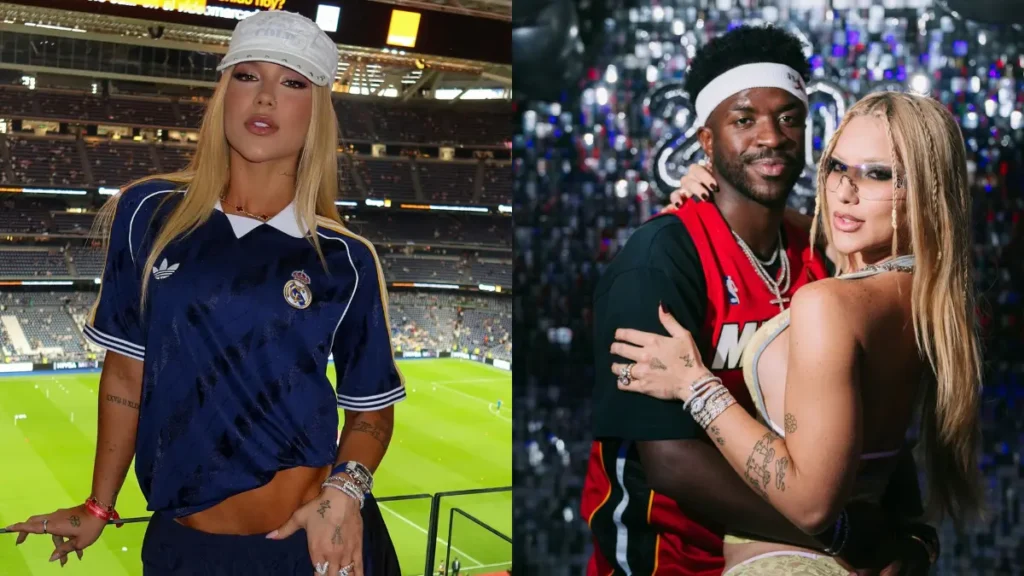Virginia comemora indicação de Vini Jr. ao Emmy Internacional: ‘Feliz por você’ Virginia Fonseca posa com camisa do Real Madrid em um estádio e aparece ao lado de Vini Jr. em outro registro.