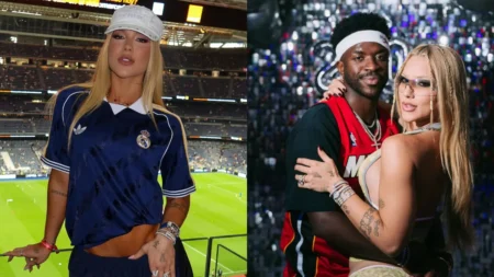 Virginia Fonseca posa com camisa do Real Madrid em um estádio e aparece ao lado de Vini Jr. em outro registro.