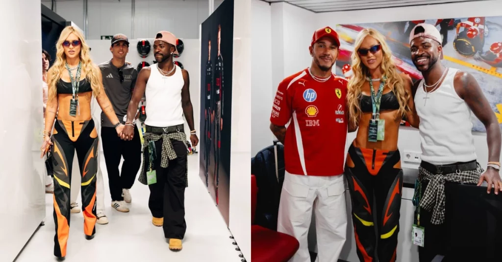 Montagem mostra Virginia Fonseca com top preto e calça com detalhes em laranja e amarelo ao lado de Vini Jr. no paddock da Ferrari durante o GP da Espanha