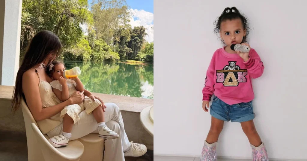 Amanda Kimberlly aciona Justiça após ataques à filha com Neymar: ‘Não será tolerado’ Montagem mostra Amanda Kimberlly sentada com Helena no colo, diante de um lago, e a menina em outra foto, usando blusa rosa e shorts jeans, com um microfone na mão