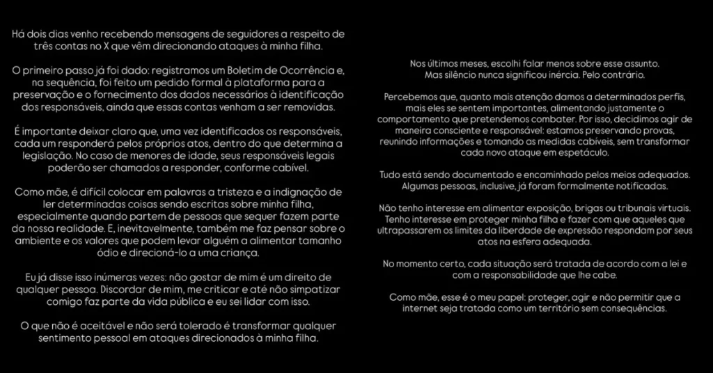 Amanda Kimberlly aciona Justiça após ataques à filha com Neymar: 'Não será tolerado' 1 Montagem reúne três Stories de Amanda Kimberlly, com textos brancos sobre fundo preto, nos quais a influenciadora denuncia ataques contra Helena, informa o registro de boletim de ocorrência e explica as medidas tomadas para proteger a filha