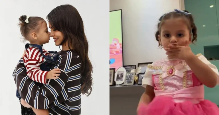 Montagem mostra Amanda Kimberlly segurando a filha Helena no colo e a menina usando vestido rosa de princesa, com a mão próxima à boca