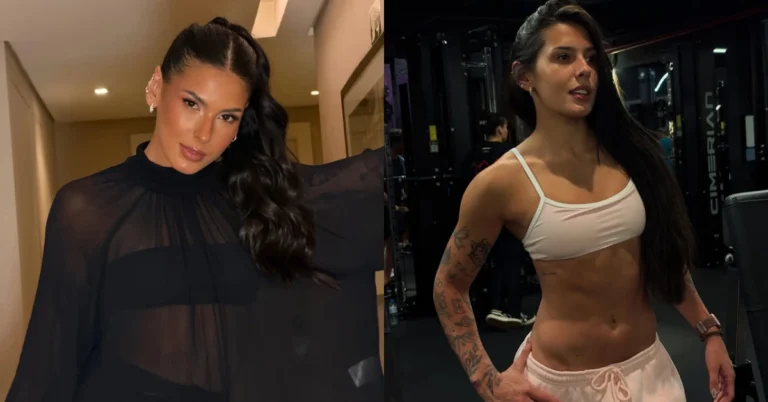 Ana Castela reage à fase solteira e dispara: ‘Que desespero’ Montagem mostra Ana Castela em dois registros, um com look preto e outro durante treino na academia