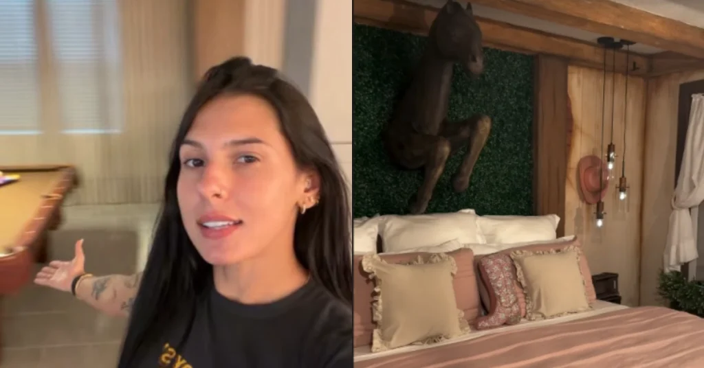 Montagem mostra Ana Castela durante tour pela mansão em Orlando e um dos quartos, com cama de casal, almofadas e escultura de cavalo na parede