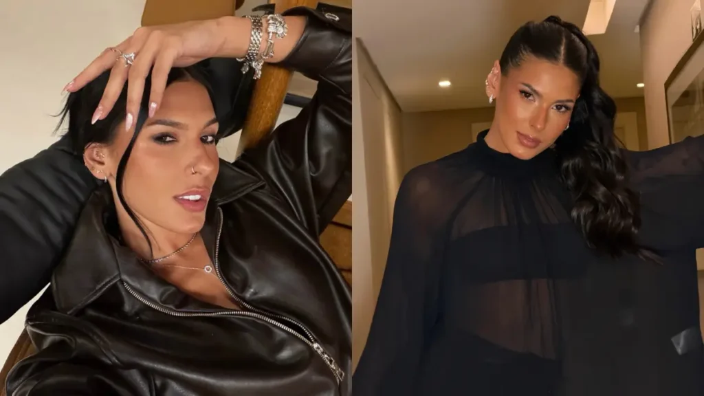 Ana Castela ironiza rumores de romance e dispara: ‘Estou escondendo’ Montagem com duas fotos de Ana Castela usando looks pretos e posando para a câmera.