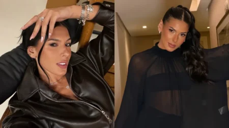 Montagem com duas fotos de Ana Castela usando looks pretos e posando para a câmera.