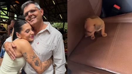 Montagem de fotos com Ana Castela, o pai, Rodrigo Castela e o novo cachorrinho da família