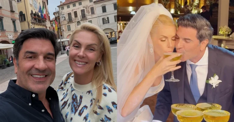 Ana Hickmann abre o jogo sobre filho com Edu Guedes: ‘Não é mais possível’ Montagem de Ana Hickmann e Edu Guedes sorrindo em uma viagem, à esquerda, e compartilhando uma taça de espumante durante o casamento, à direita