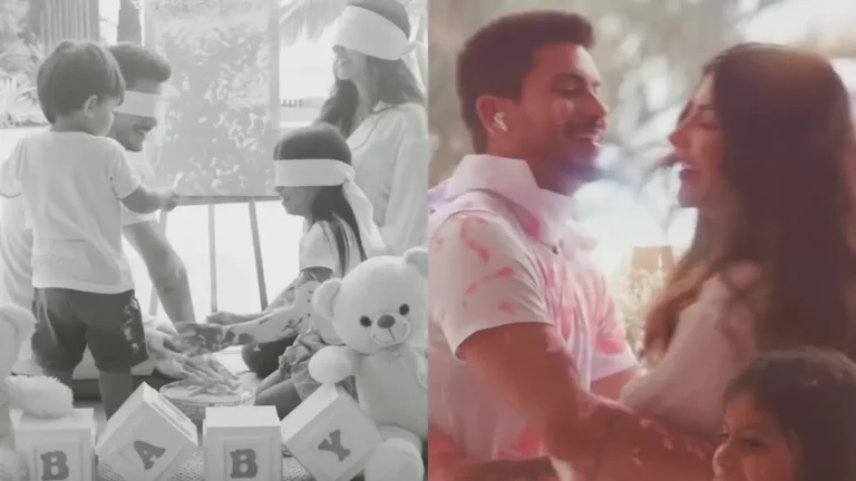 Arthur Aguiar e Jheny Santucci aparecem em dois momentos da revelação do sexo do segundo bebê: à esquerda, a família participa da pintura de uma tela; à direita, os dois se beijam diante dos familiares.