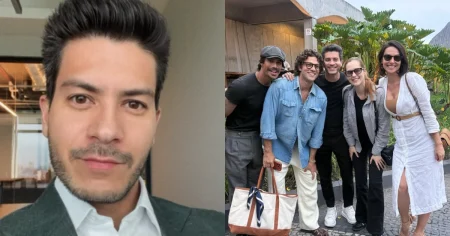 Arthur Aguiar rebate críticas após foto sorrindo em despedida de Lua Blanco Montagem mostra Arthur Aguiar em um retrato individual e, ao lado, sorrindo com antigos integrantes do elenco de Rebelde após o velório de Lua Blanco