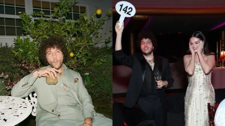Montagem mostra Benny Blanco em um registro descontraído e ao lado de Selena Gomez durante o leilão beneficente em que arrematou uma experiência com a equipe de beleza da cantora.