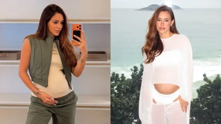Bruna Biancardi aparece em duas fotos exibindo a barriga durante a gravidez de Mariah, sua terceira filha com Neymar Jr.