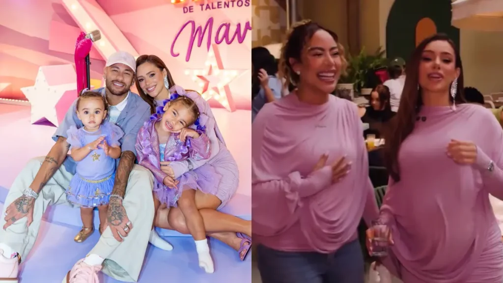 Bruna Biancardi e Rafaella Santos aparecem lado a lado usando a mesma peça rosa durante a festa de 3 anos de Mavie, filha de Neymar.