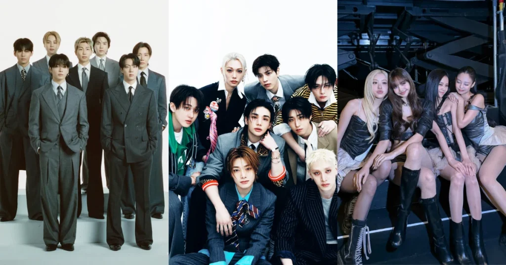 BTS, BLACKPINK e Stray Kids ficam fora de prêmio inédito do Grammy 2027 Montagem reúne os integrantes do BTS à esquerda, Stray Kids ao centro e BLACKPINK à direita, grupos de K-pop que ficaram fora das inscrições da nova categoria do Grammy 2027