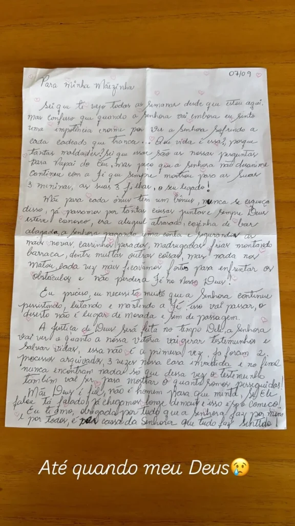 Carta escrita por Deolane Bezerra à mãe, Solange Bezerra, com um desabafo sobre o período em que está presa.