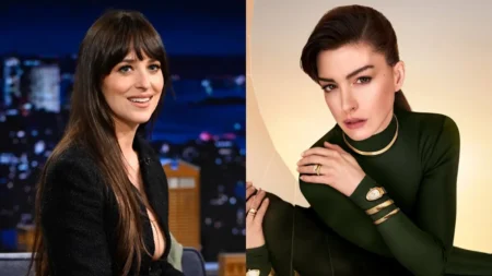 Montagem com fotos de Dakota Johnson, à esquerda, e Anne Hathaway, à direita, em retratos individuais.