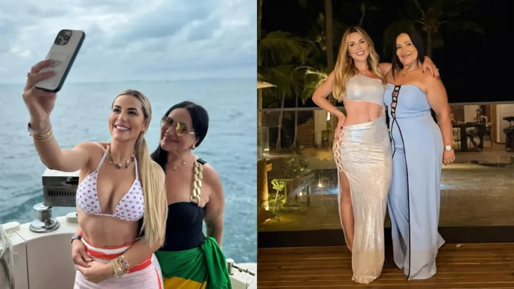 Montagem reúne Deolane Bezerra e a mãe, Solange Bezerra, em registros de momentos juntas, incluindo uma selfie em um barco e uma foto das duas em um evento.