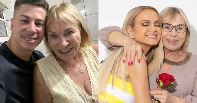 Montagem com Noé e Eva Michaelichen sorrindo juntos à esquerda e Eliana abraçada à mãe, que segura uma rosa vermelha, à direita