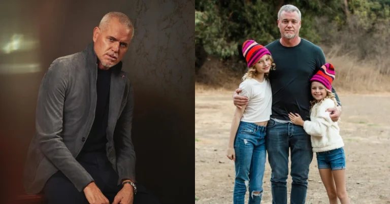 Montagem mostra Eric Dane usando blazer cinza, à esquerda, e abraçado às filhas Billie e Georgia em uma fotografia ao ar livre, à direita