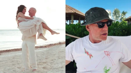 Montagem com Bruce Willis e Emma Heming Willis em momentos descontraídos na praia e durante uma viagem.