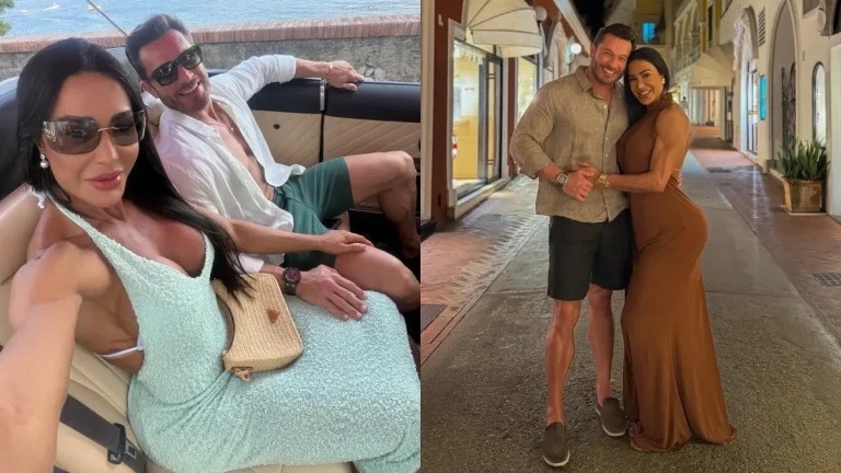 Gracyanne Barbosa e Gabriel Cardoso aparecem juntos em duas fotos: na primeira, estão sentados em um barco; na segunda, posam abraçados em um corredor.