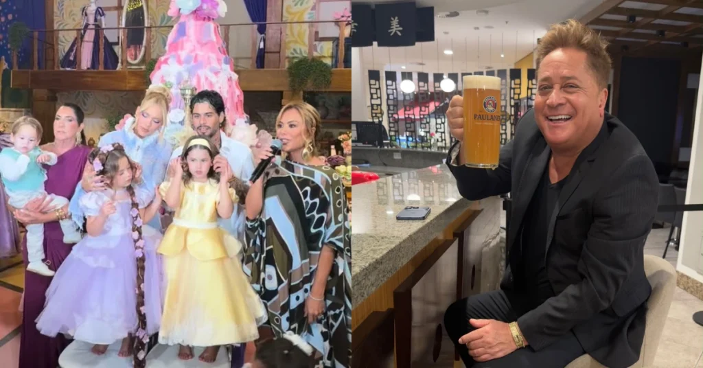 Poliana Rocha explica ausência de Leonardo em festa de Maria Flor: ‘Ele vive’ Montagem mostra Virginia Fonseca, Zé Felipe e os filhos na festa de Maria Flor, à esquerda, e Leonardo sorridente, segurando uma caneca de cerveja, à direita.