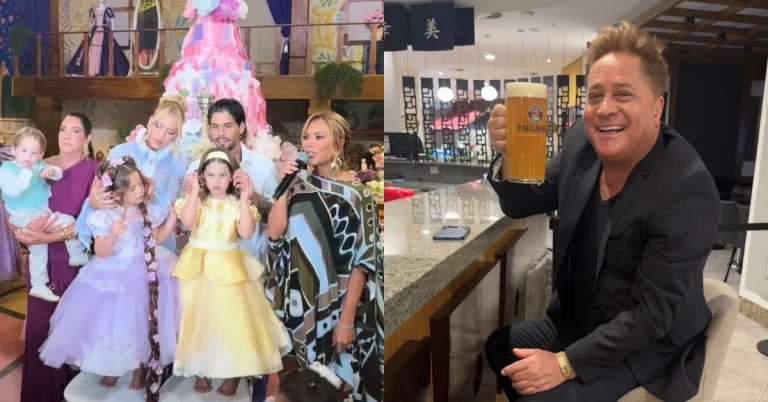 Poliana Rocha explica ausência de Leonardo em festa de Maria Flor: ‘Ele vive’ Montagem mostra Virginia Fonseca, Zé Felipe e os filhos na festa de Maria Flor, à esquerda, e Leonardo sorridente, segurando uma caneca de cerveja, à direita.