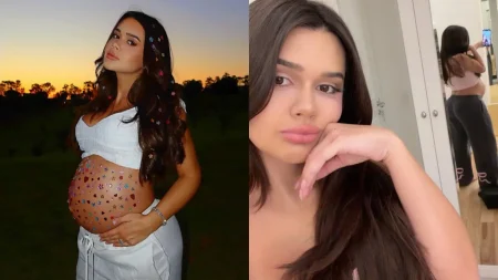 Montagem mostra Franciny Ehlke exibindo a barriga na reta final da gravidez e posando diante do espelho durante a gestação de Zara.