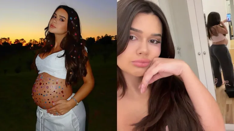 Montagem mostra Franciny Ehlke exibindo a barriga na reta final da gravidez e posando diante do espelho durante a gestação de Zara.