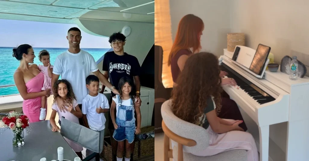 Georgina Rodríguez revela talento musical da filha com CR7; ouça Montagem mostra Cristiano Ronaldo com Georgina Rodríguez e os filhos em um barco e Alana sentada ao lado de uma mulher que toca piano