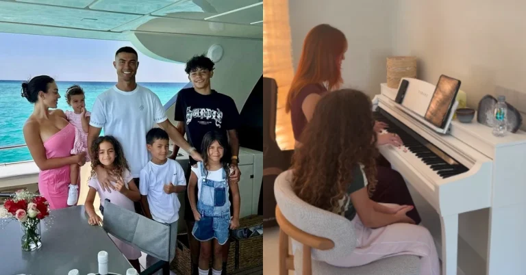 Montagem mostra Cristiano Ronaldo com Georgina Rodríguez e os filhos em um barco e Alana sentada ao lado de uma mulher que toca piano