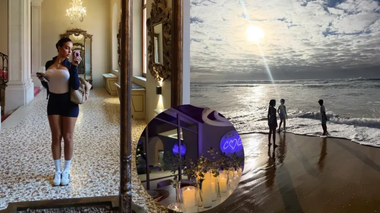 Georgina Rodríguez revela detalhes da mansão de Cristiano Ronaldo avaliada em R$ 210 milhões Montagem com Georgina Rodríguez fazendo uma selfie em um ambiente luxuoso, detalhes de uma decoração com velas e três crianças brincando à beira-mar.